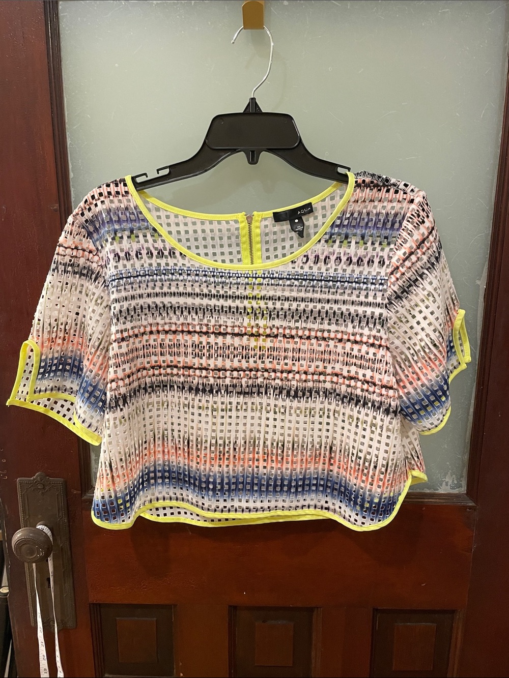 Aqua Neon-Trim Striped Mesh Cropped Blouse - White, Blue, Pink